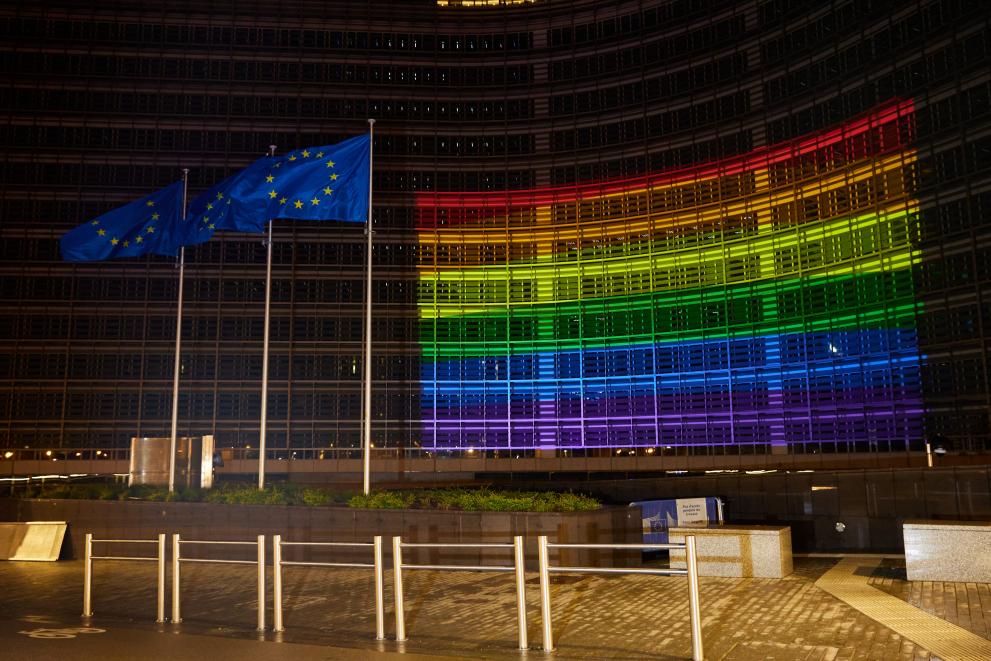 The EU buildings lit with the rainbow flag colours to mark IDAHOT 2021
