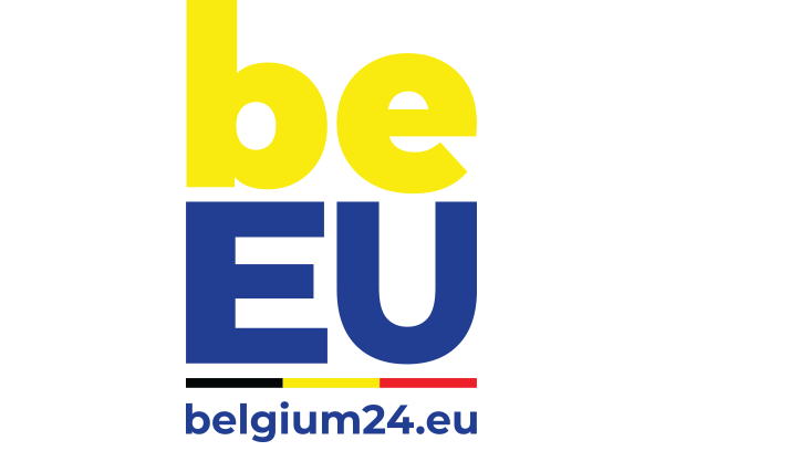 scritta be in giallo e Eu in blu logo presidenza belga consiglio ue