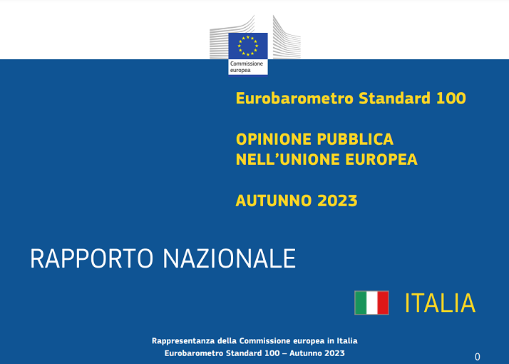 scritta eurobarometro standard 100 rapporto Italia su sfondo blu con logo commissione europea