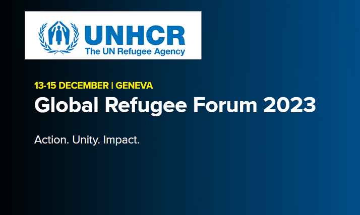 logo UNHCR con scritta su sfondo blu in inglese forum globale sui rifugiati 2023 