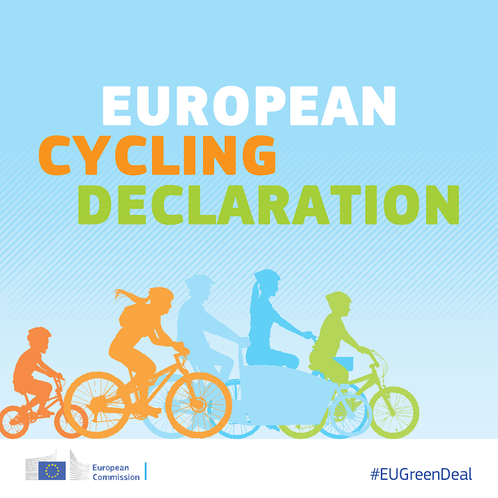 disegno di persone in bici su sfondo azzurro con scritta in inglese european cycling declaration