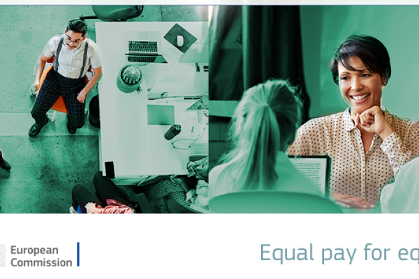 foto di donne al lavoro e uomini con logo commissione europea e scritta in inglese stessa paga stesso lavoro