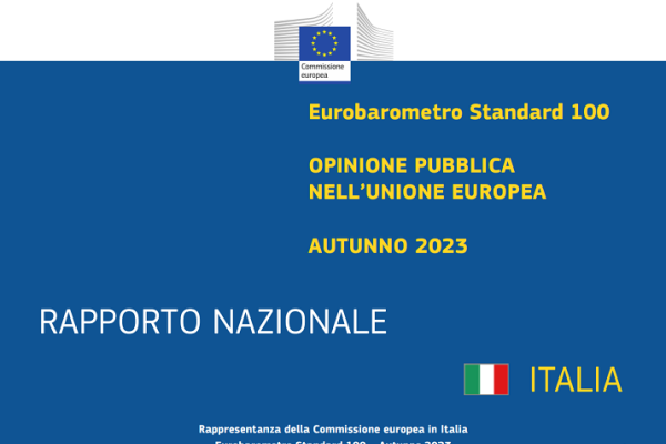 scritta eurobarometro standard 100 rapporto Italia su sfondo blu con logo commissione europea