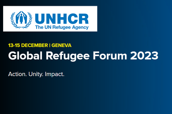 logo UNHCR con scritta su sfondo blu in inglese forum globale sui rifugiati 2023 